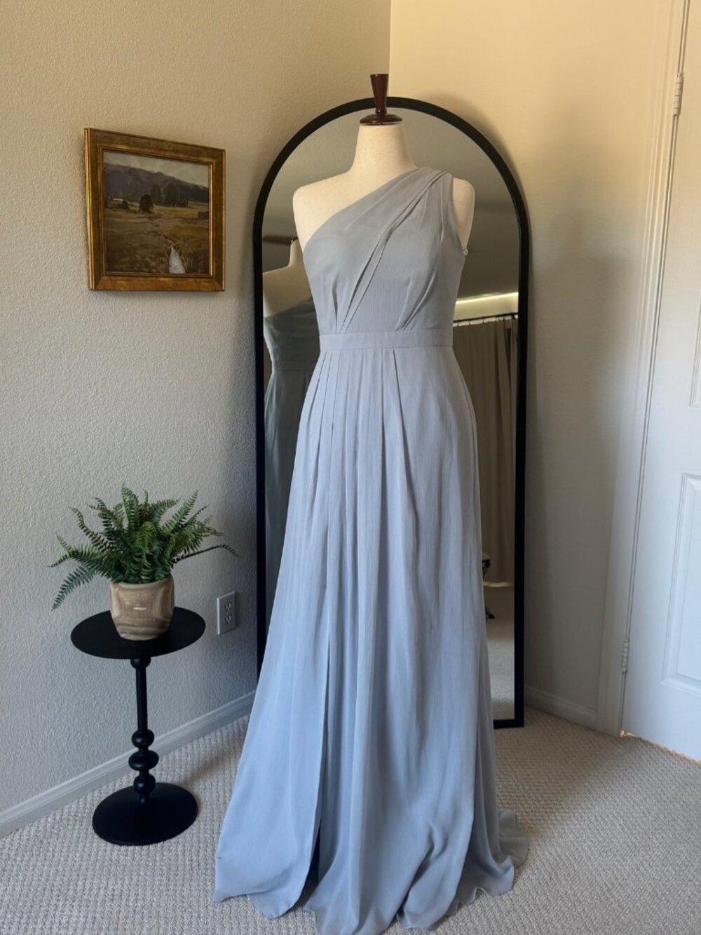 David's Bridal One-Shoulder Chiffon Bridesmaid Gown Dusty Blue Size 10
